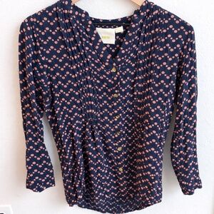 Maeve Anthropologie Navy Pink Polka Dot Button Front Blouse Small